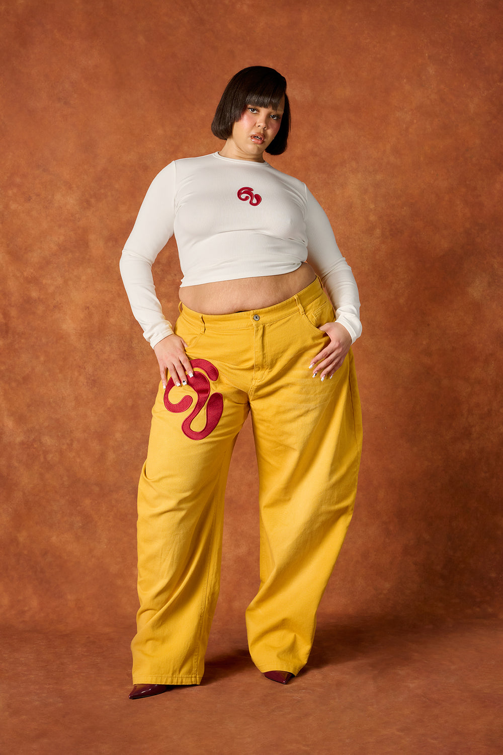 Khala Denim Barrel Leg Logo Embroidered Jeans - Yellow