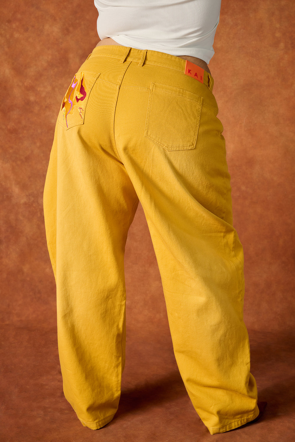 Khala Denim Barrel Leg Logo Embroidered Jeans - Yellow