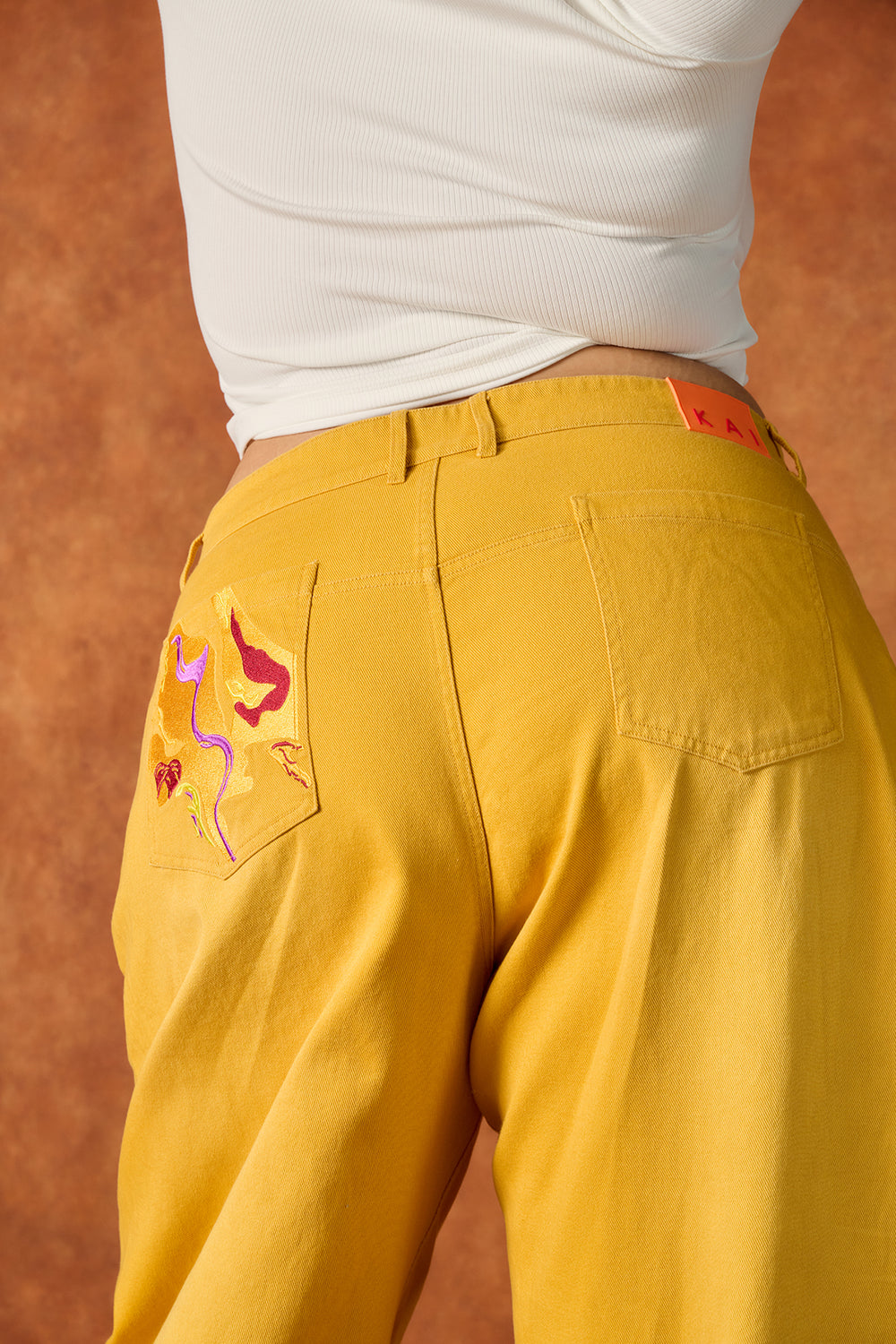 Khala Denim Barrel Leg Logo Embroidered Jeans - Yellow