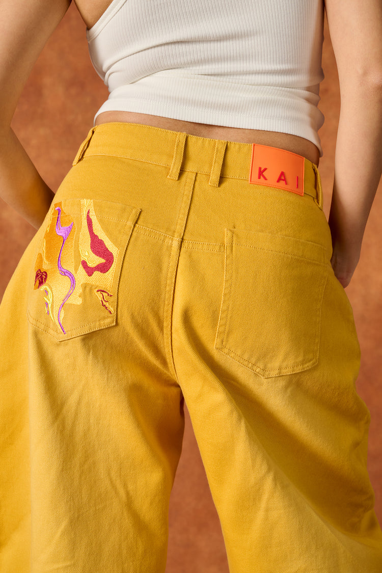 Khala Denim Barrel Leg Logo Embroidered Jeans - Yellow