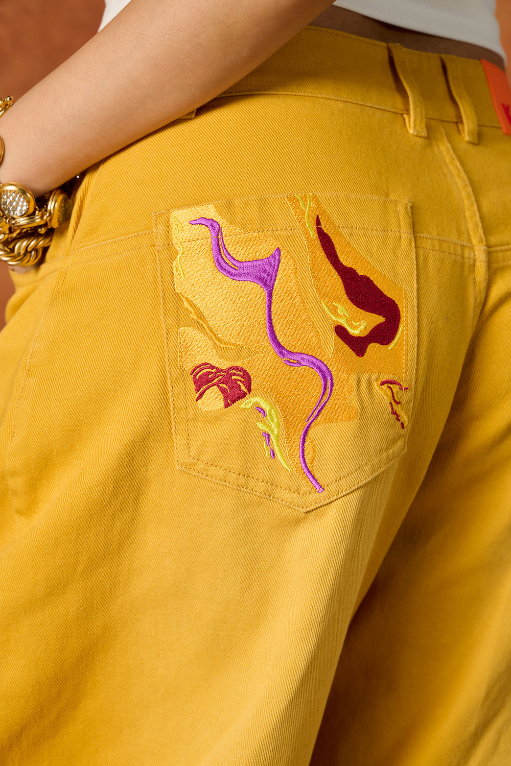 Khala Denim Barrel Leg Logo Embroidered Jeans - Yellow