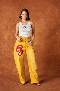 Khala Denim Barrel Leg Logo Embroidered Jeans - Yellow