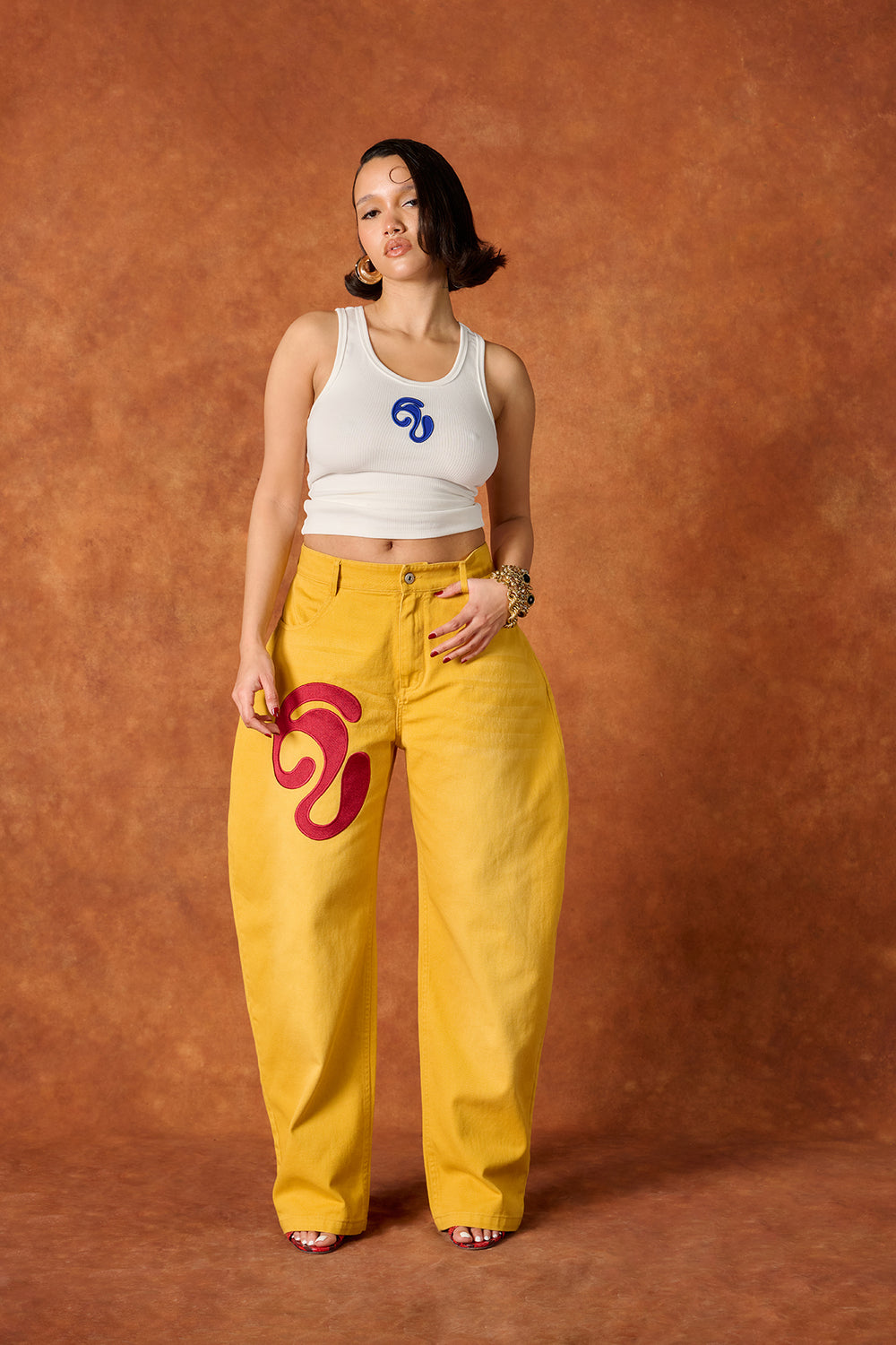 Khala Denim Barrel Leg Logo Embroidered Jeans - Yellow