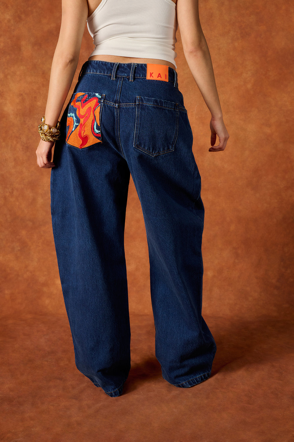 Koa Denim Barrel Leg Logo Embroidered Jeans - Blue Denim