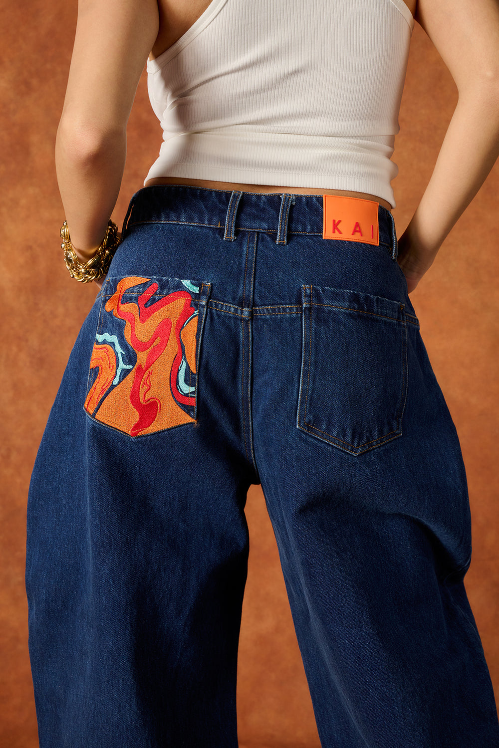 Koa Denim Barrel Leg Logo Embroidered Jeans - Blue Denim