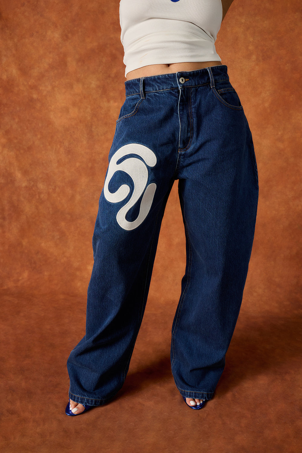 Koa Denim Barrel Leg Logo Embroidered Jeans - Blue Denim