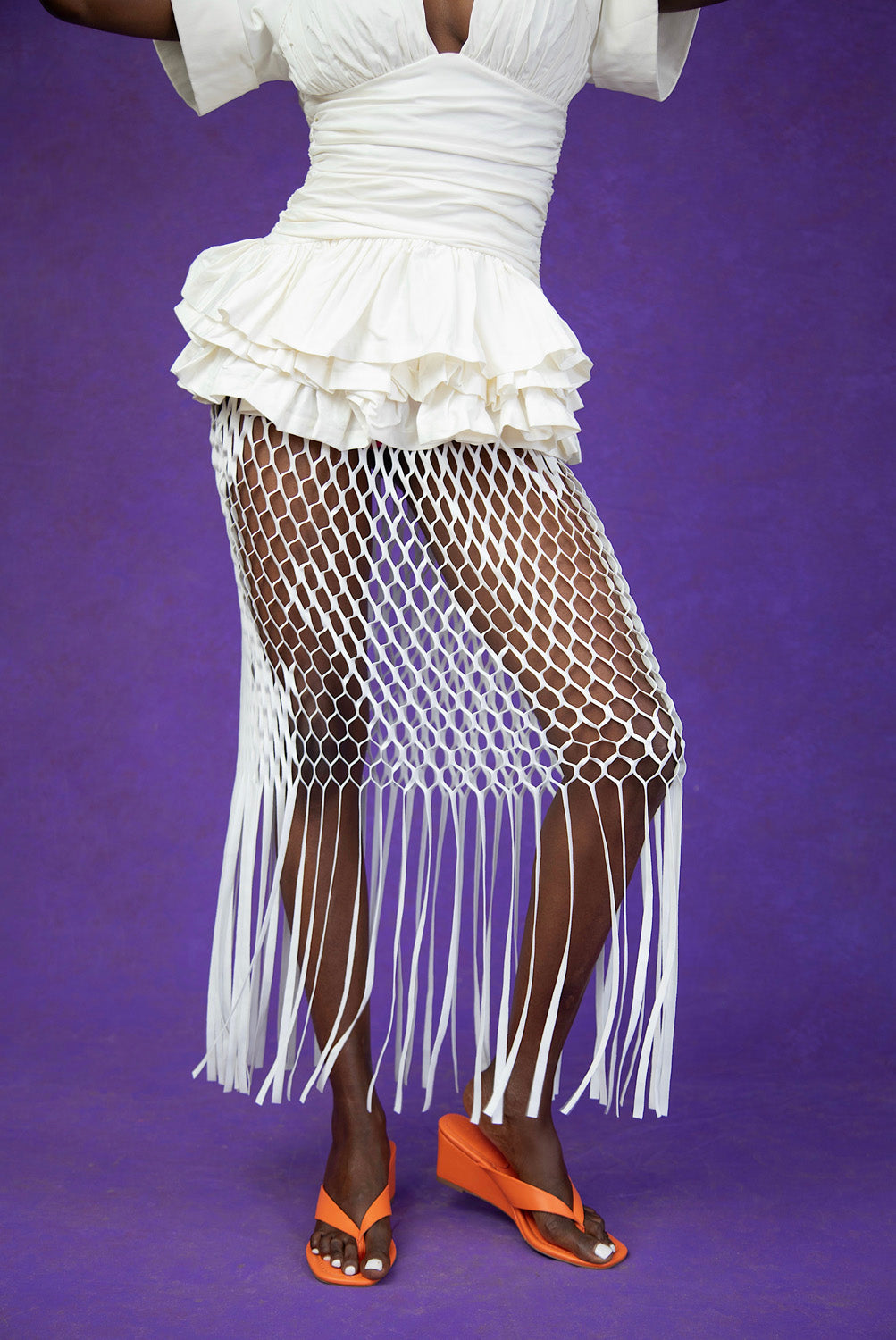 Yumi Faux Suede Laser Cut Skirt - White