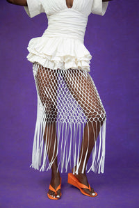 Yumi Faux Suede Laser Cut Skirt - White