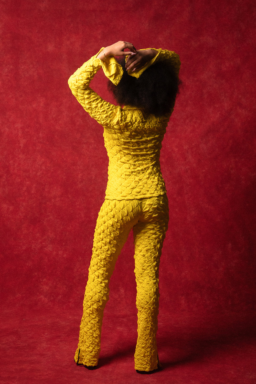 Neta Button Up Textured Knitted Top and Flared Trouser Set - Yellow