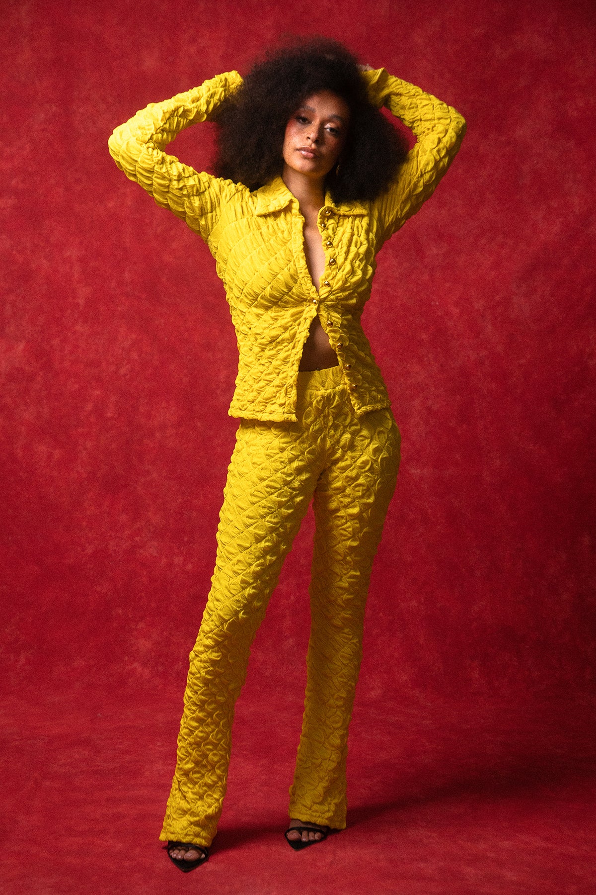 Neta Button Up Textured Knitted Top and Flared Trouser Set - Yellow
