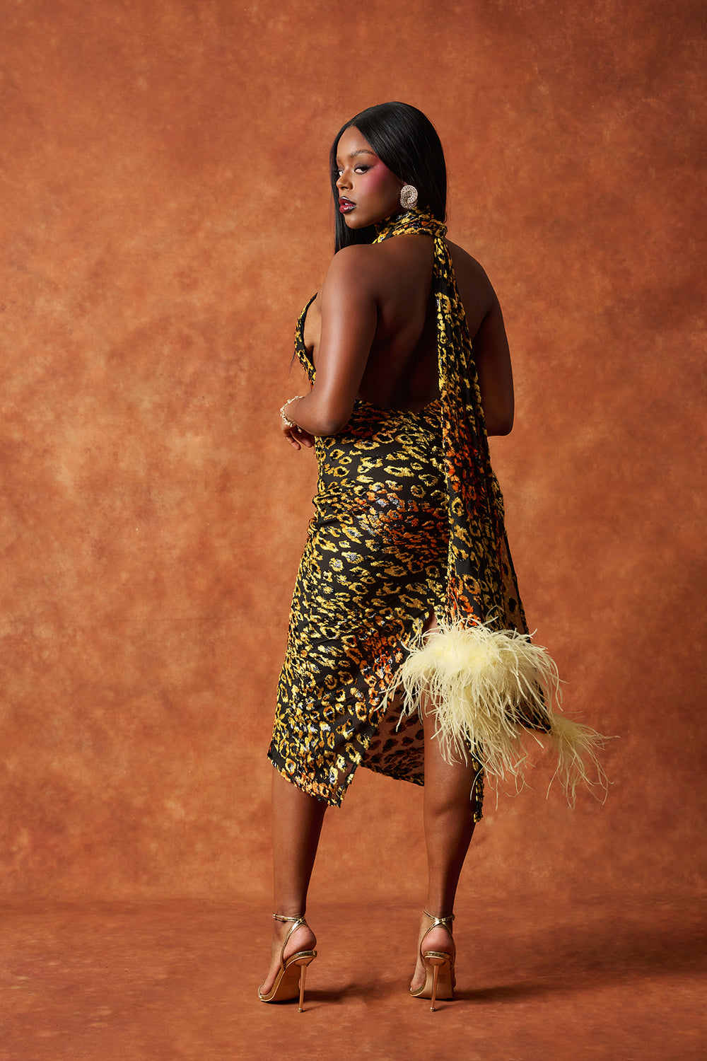 Zahirah Leopard Print Devore Halter Neck Midi Cape Dress — Kai