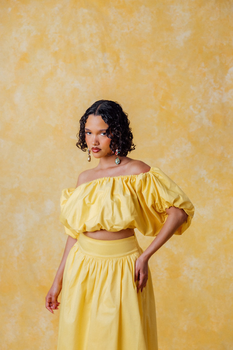 Amaya Puff Gathered Cropped Cotton Top - Yellow