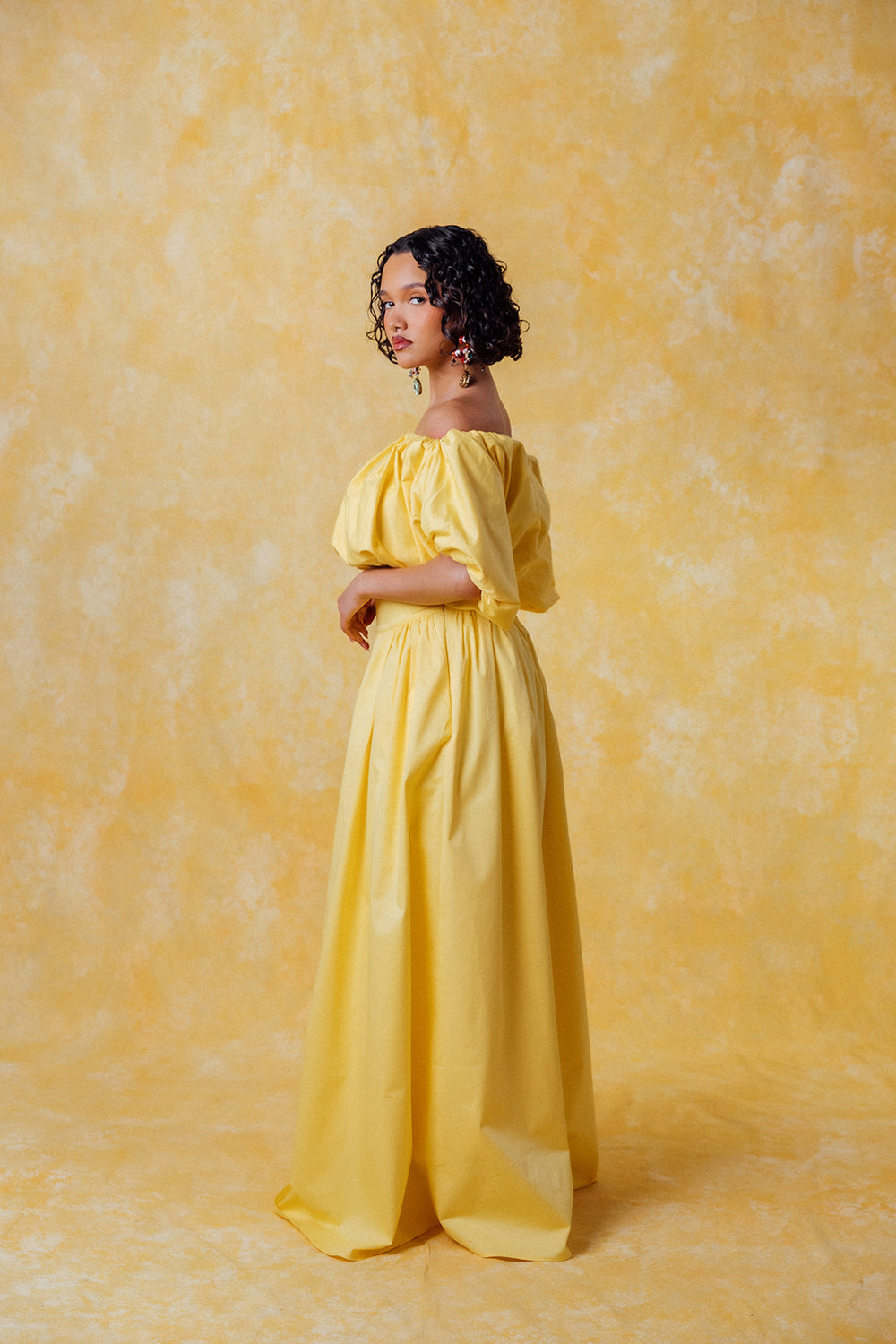 Amaya Puff Gathered Cropped Cotton Top - Yellow