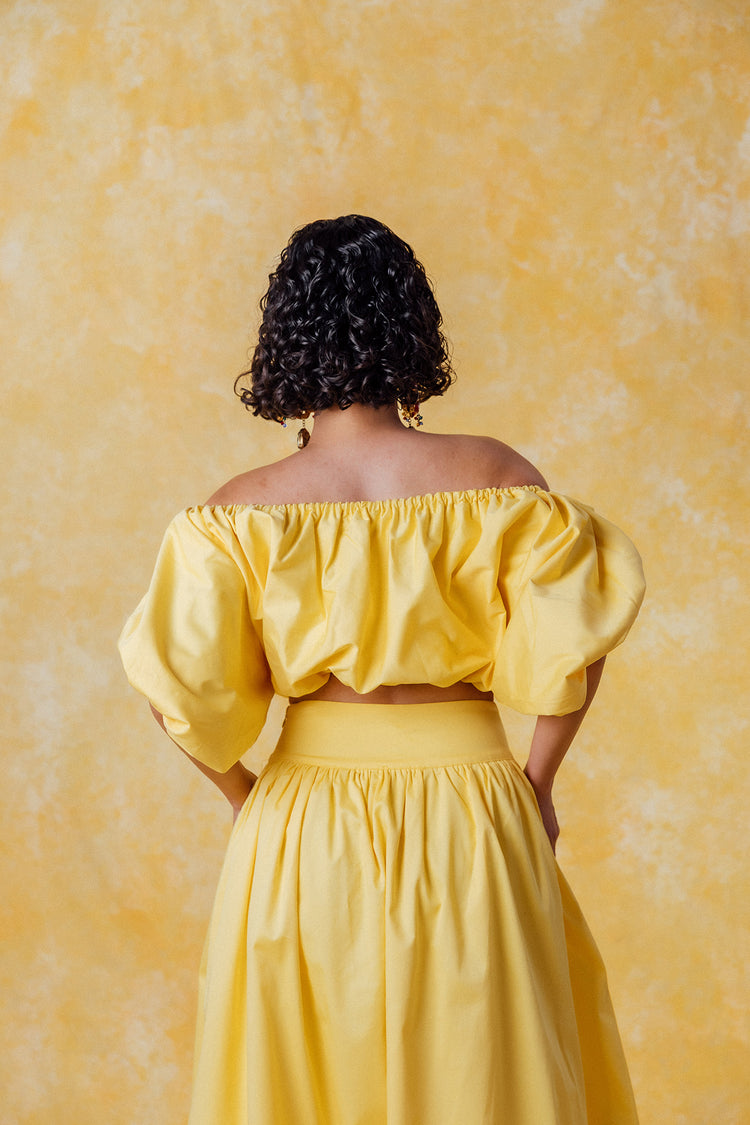 Amaya Puff Gathered Cropped Cotton Top - Yellow