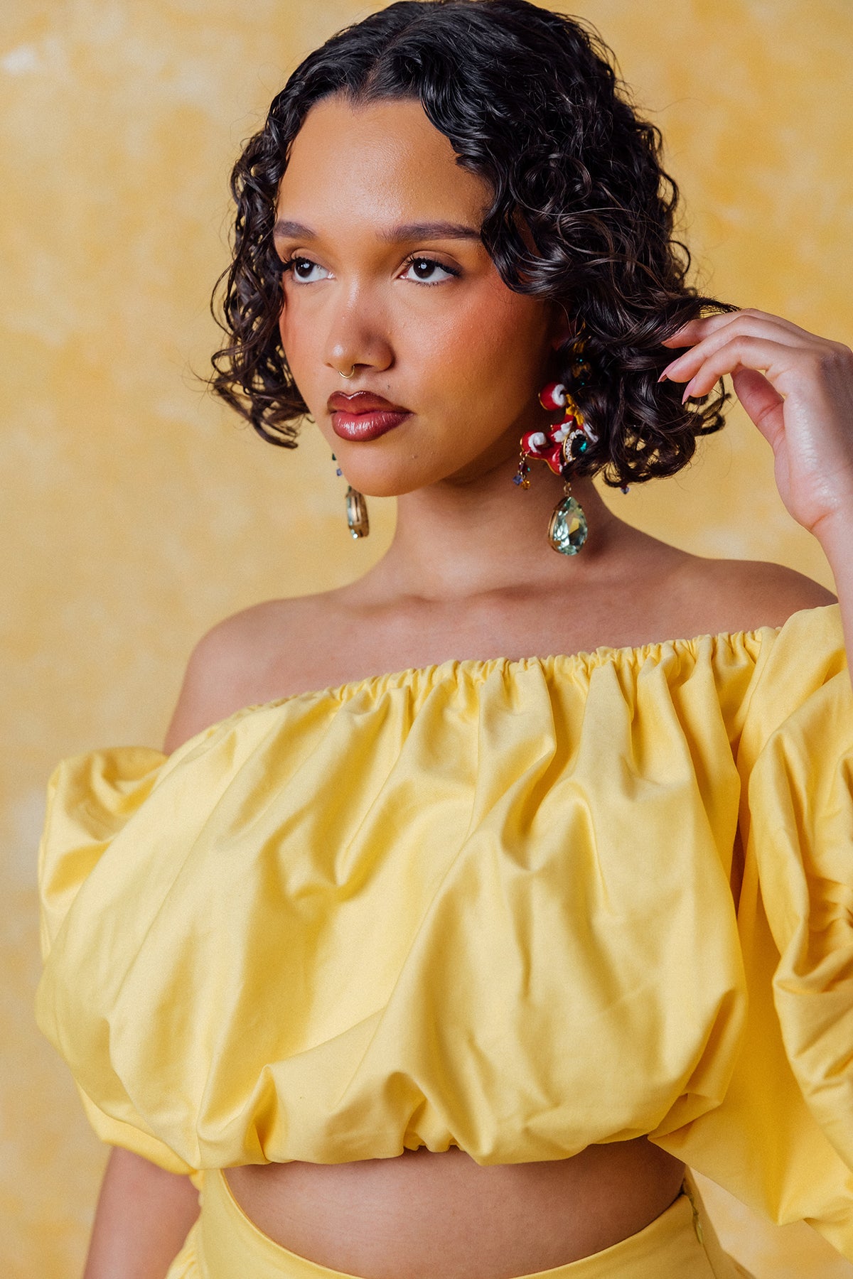 Amaya Puff Gathered Cropped Cotton Top - Yellow