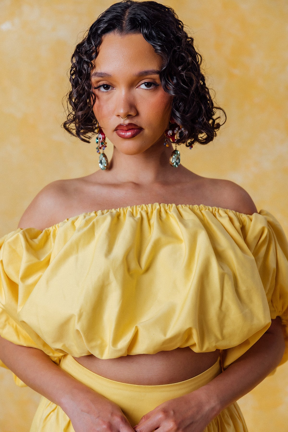 Amaya Puff Gathered Cropped Cotton Top - Yellow