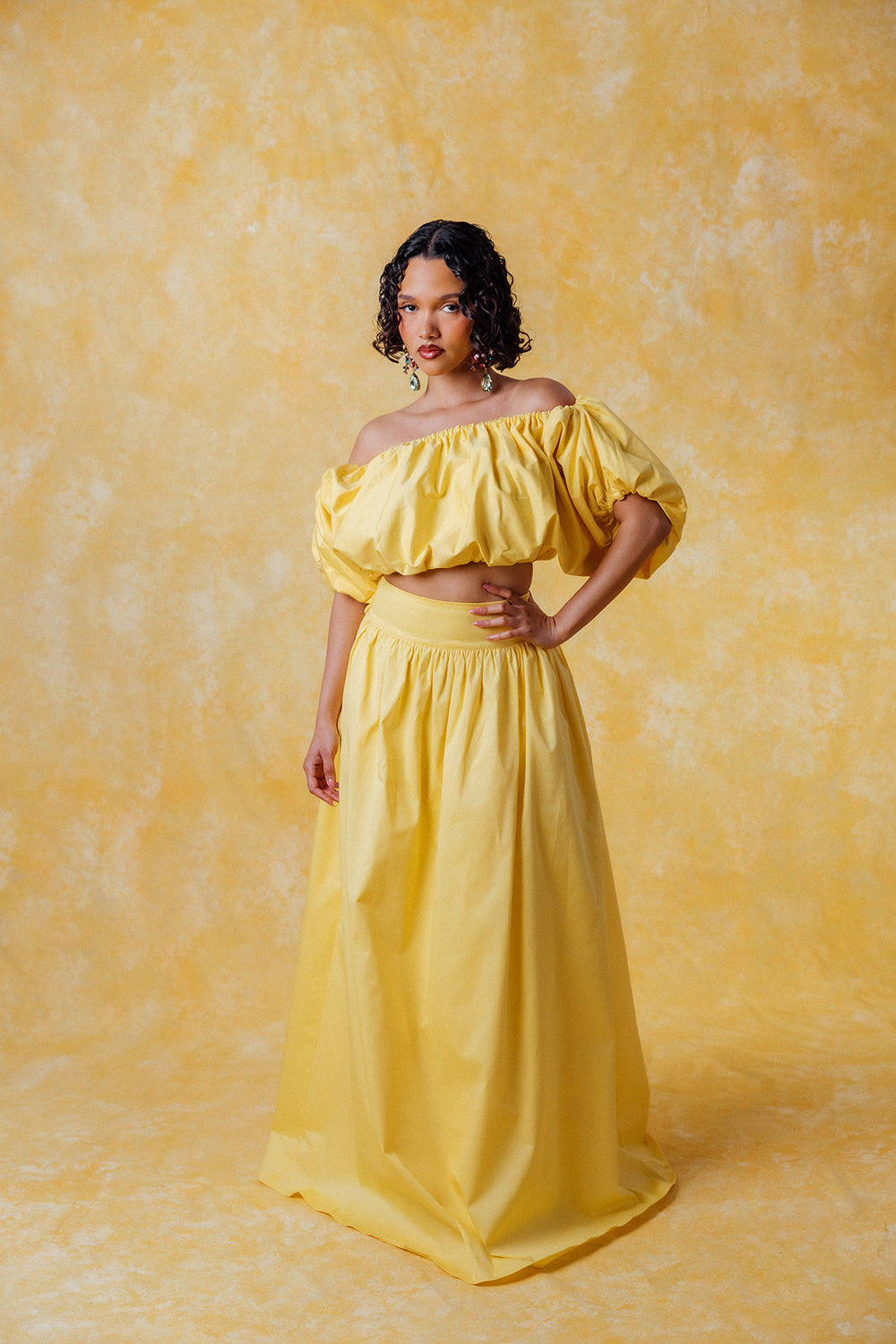 Amaya Puff Gathered Cropped Cotton Top - Yellow