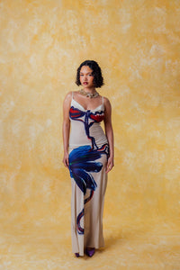 Lilla Cowl Neck Backless Silky Printed Dress