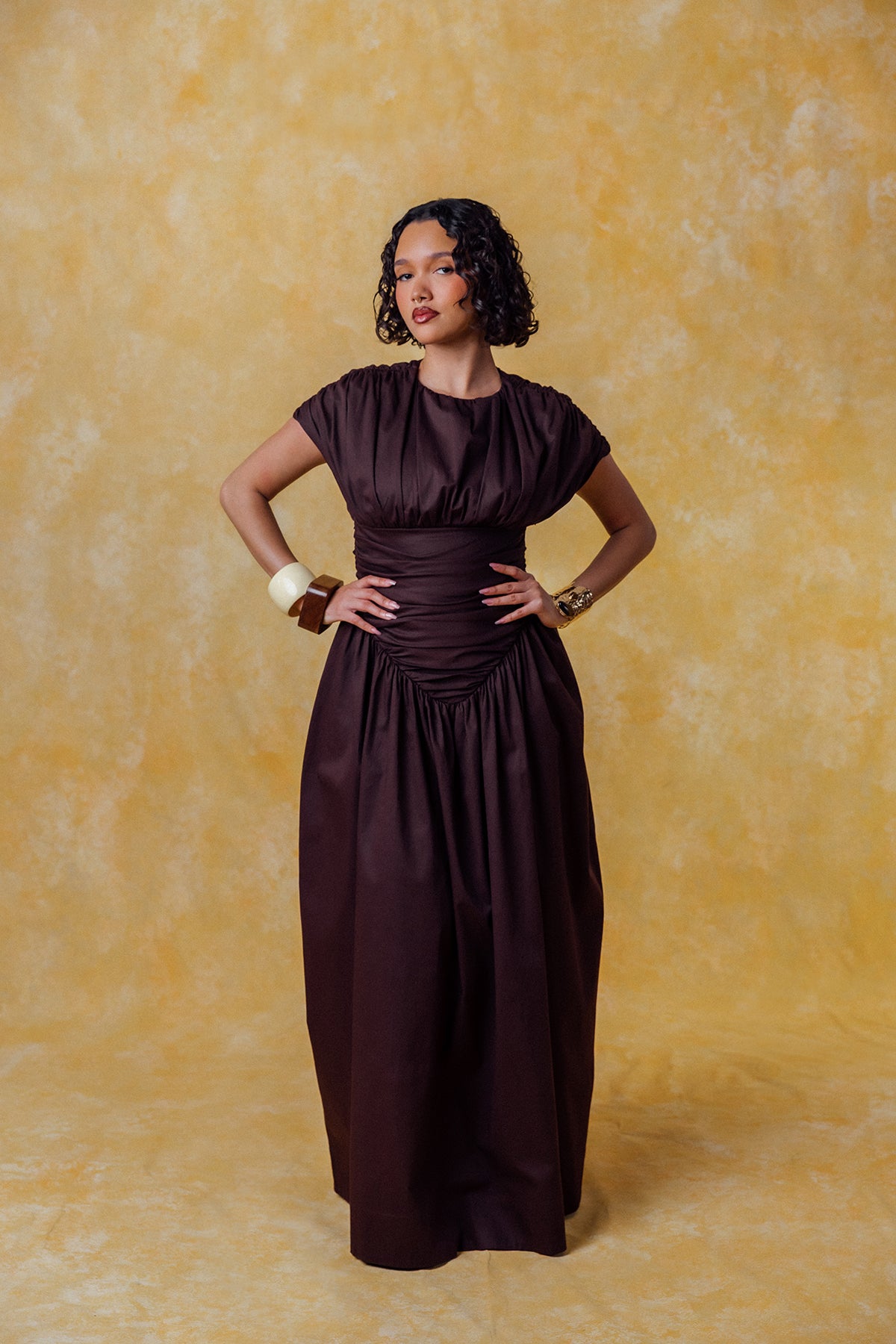 Adesuwa Ruched Cotton Long Dress  - Chocolate Brown