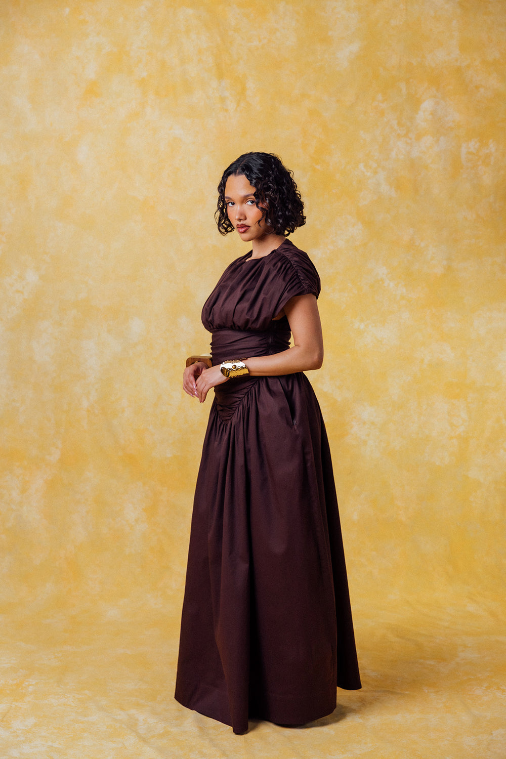 Adesuwa Ruched Cotton Long Dress  - Chocolate Brown