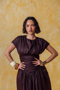 Adesuwa Ruched Cotton Long Dress  - Chocolate Brown