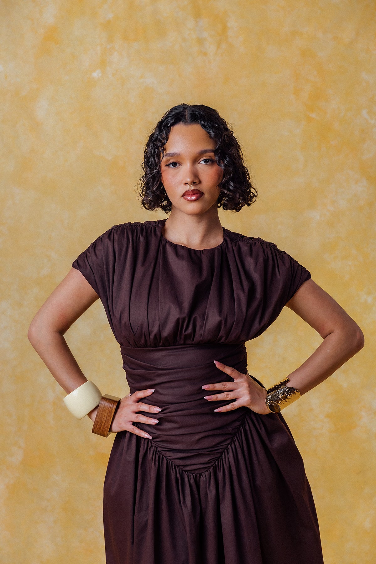 Adesuwa Ruched Cotton Long Dress  - Chocolate Brown