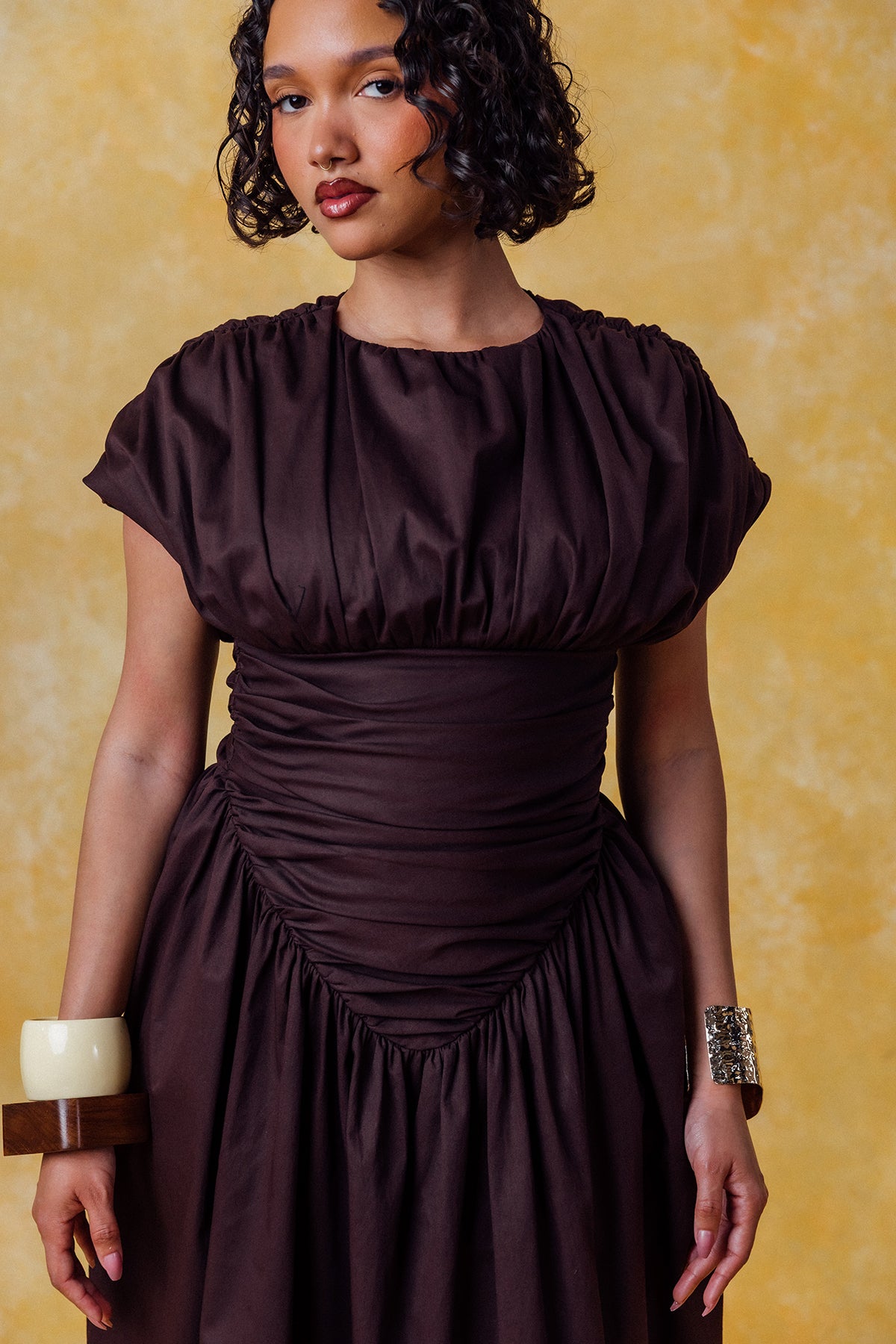 Adesuwa Ruched Cotton Long Dress  - Chocolate Brown