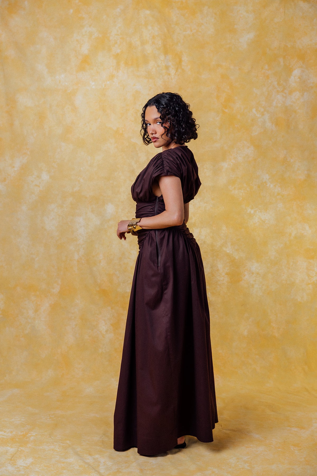 Adesuwa Ruched Cotton Long Dress  - Chocolate Brown