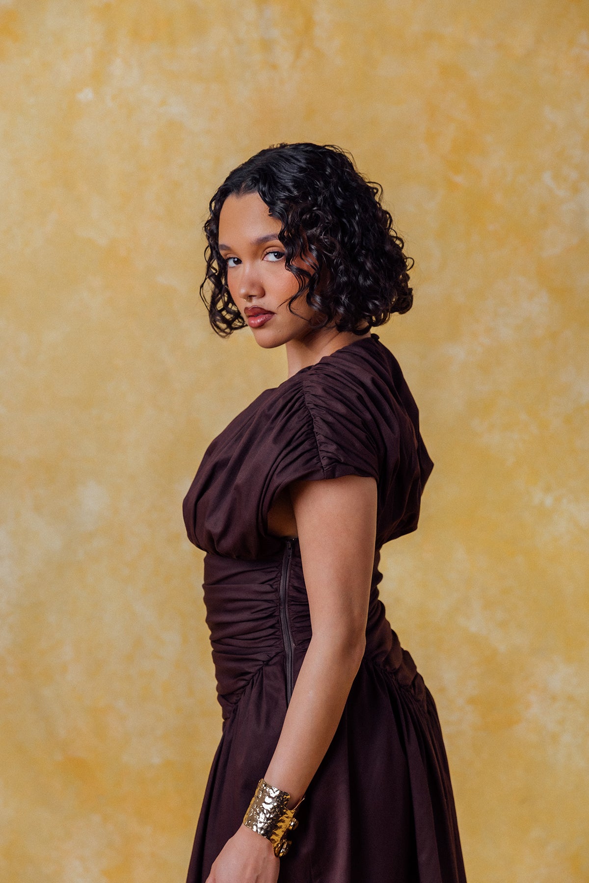 Adesuwa Ruched Cotton Long Dress  - Chocolate Brown