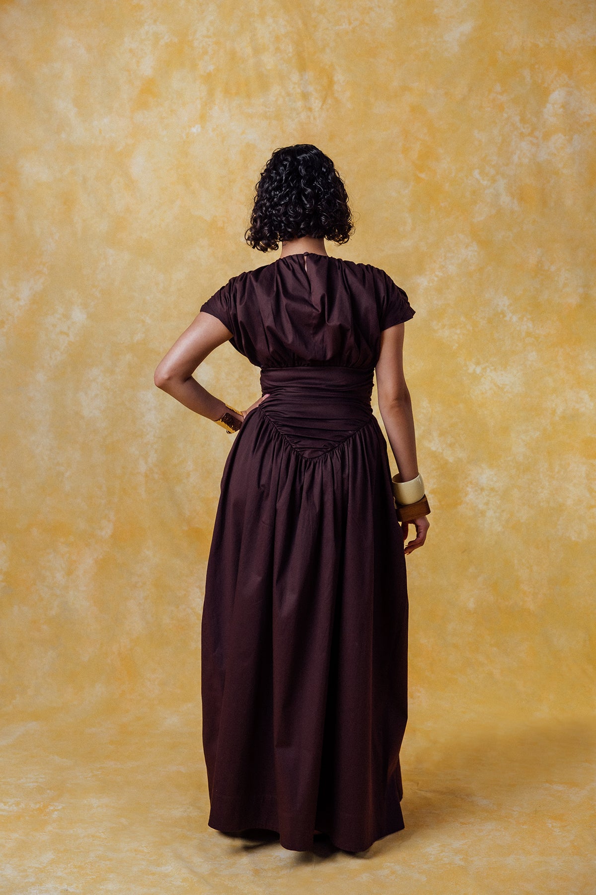 Adesuwa Ruched Cotton Long Dress  - Chocolate Brown