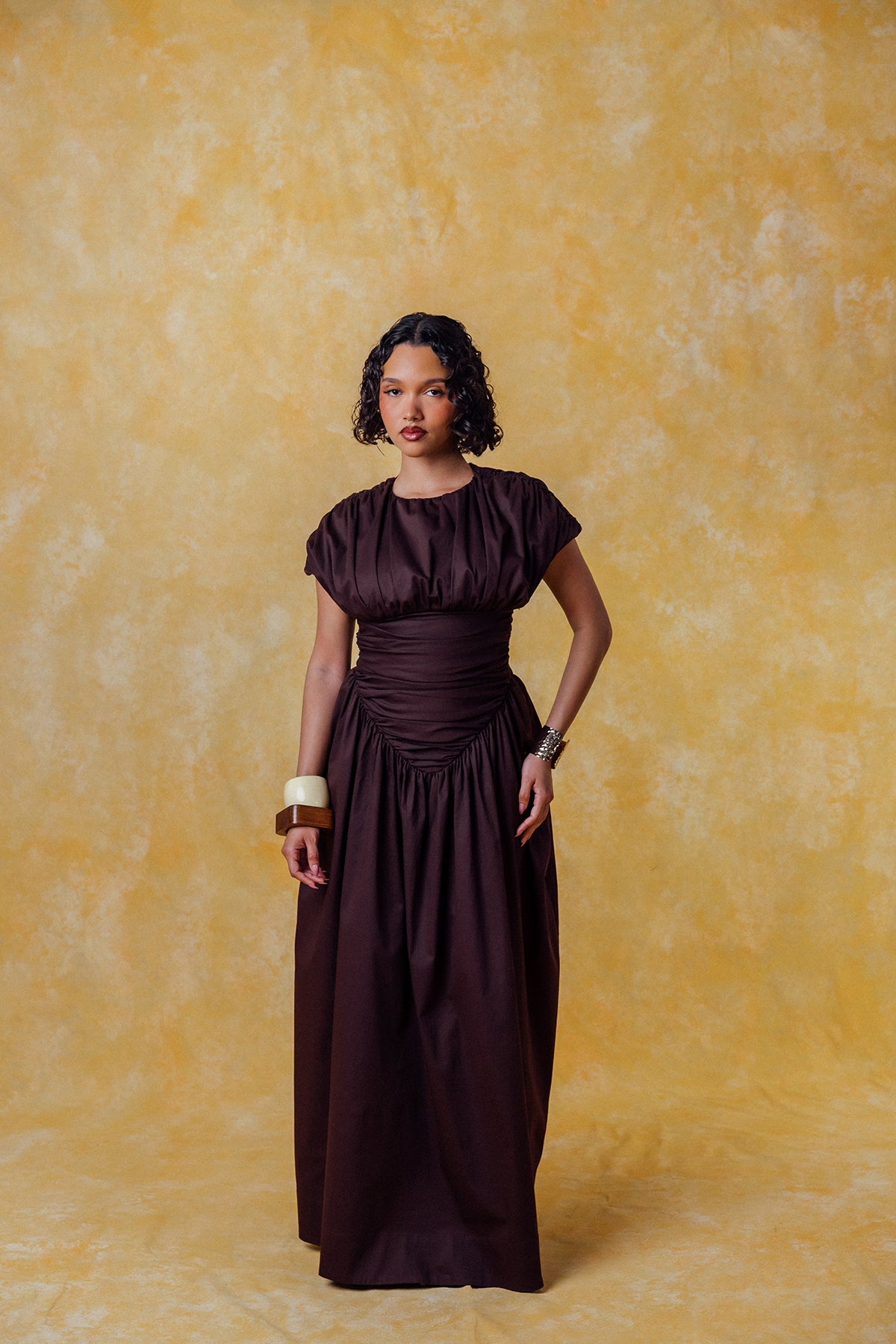 Adesuwa Ruched Cotton Long Dress  - Chocolate Brown