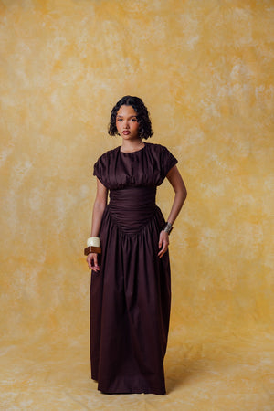 Adesuwa Ruched Cotton Long Dress  - Chocolate Brown