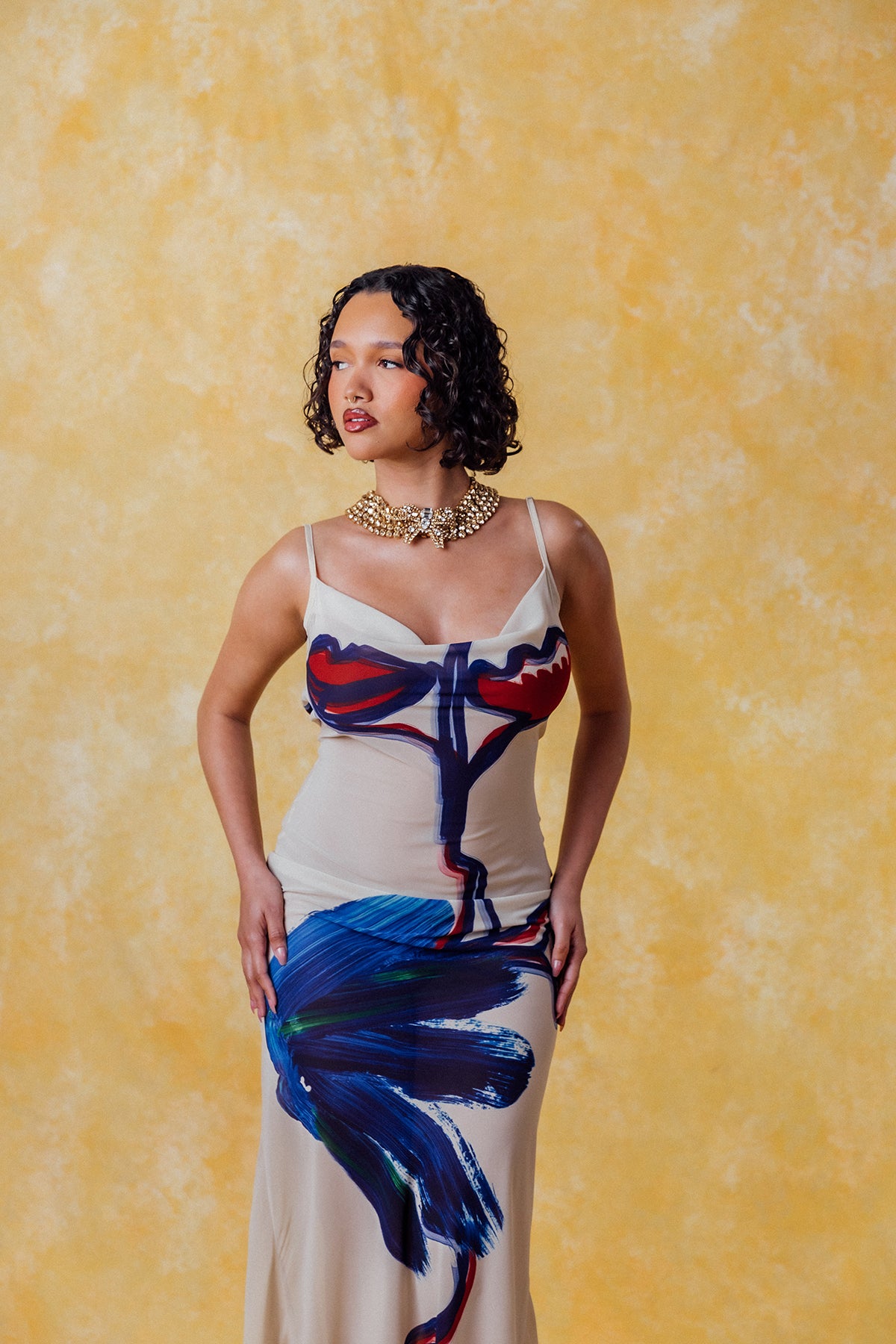 Lilla Cowl Neck Backless Silky Printed Dress