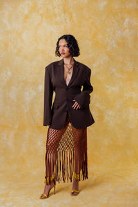 Yumi Faux Suede Laser Cut Skirt - Brown