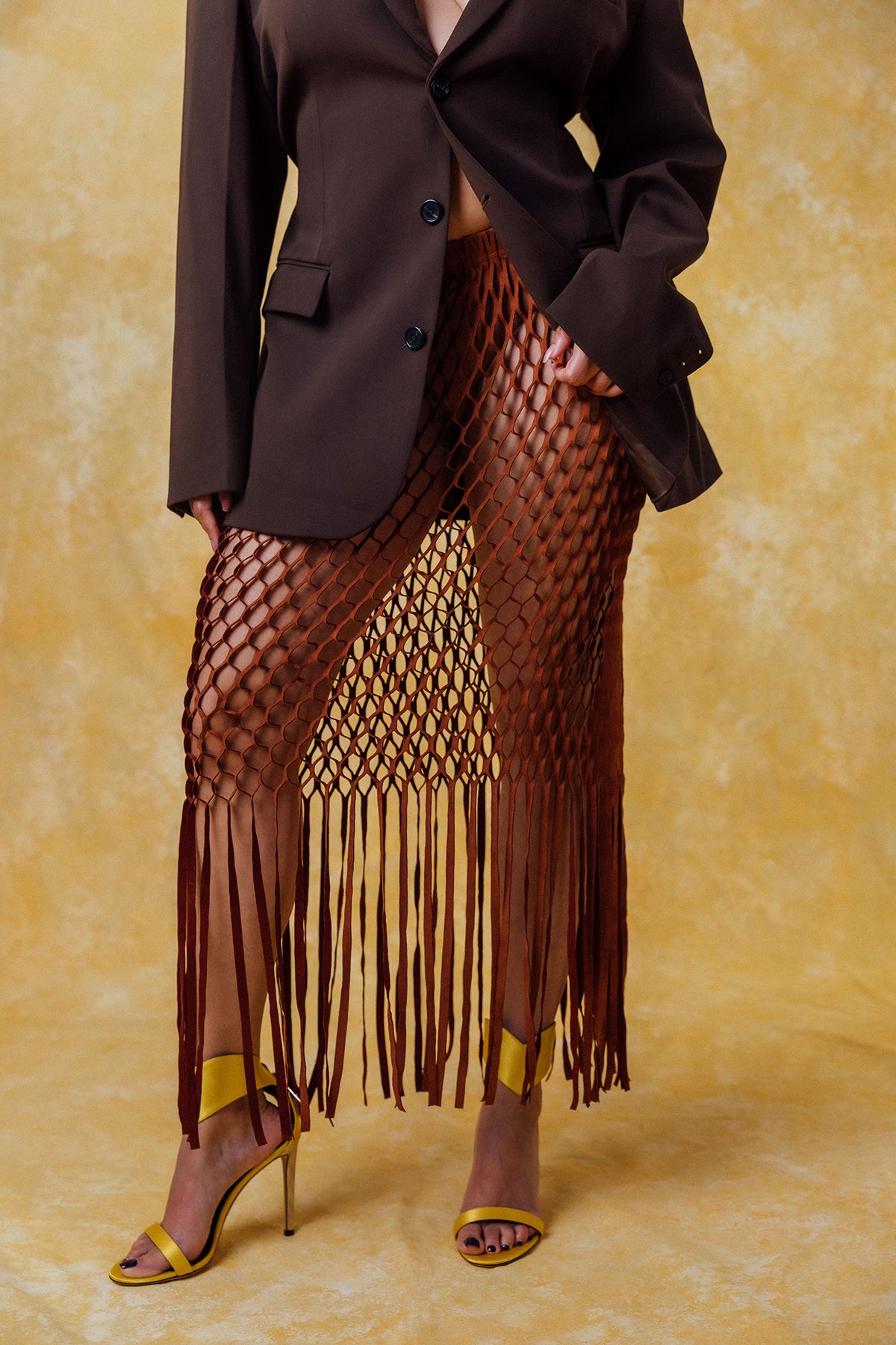 Yumi Faux Suede Laser Cut Skirt - Brown