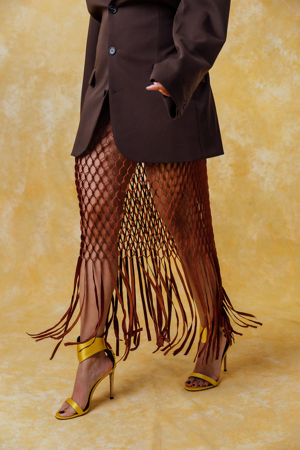 Yumi Faux Suede Laser Cut Skirt - Brown