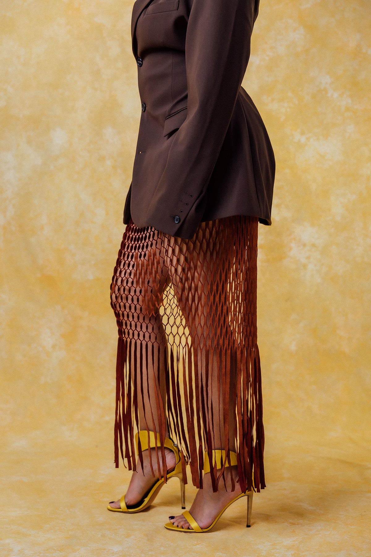 Yumi Faux Suede Laser Cut Skirt - Brown