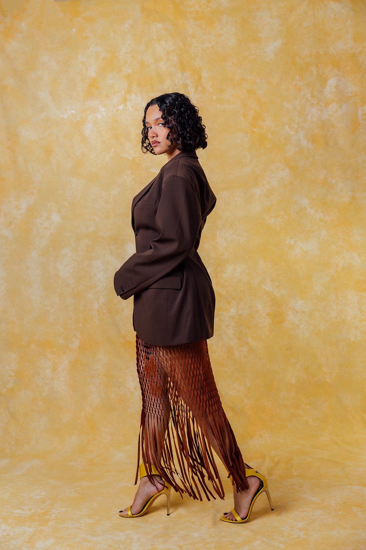 Yumi Faux Suede Laser Cut Skirt - Brown