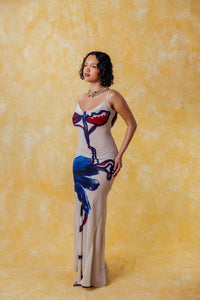 Lilla Cowl Neck Backless Silky Printed Dress