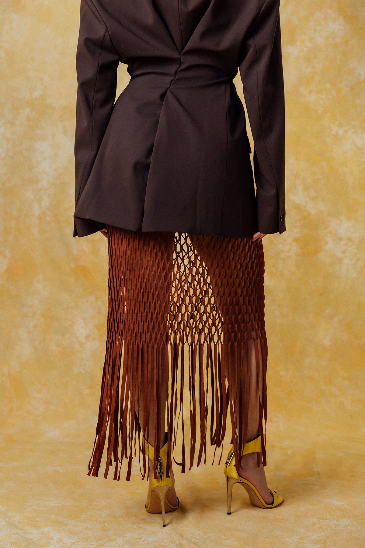 Yumi Faux Suede Laser Cut Skirt - Brown