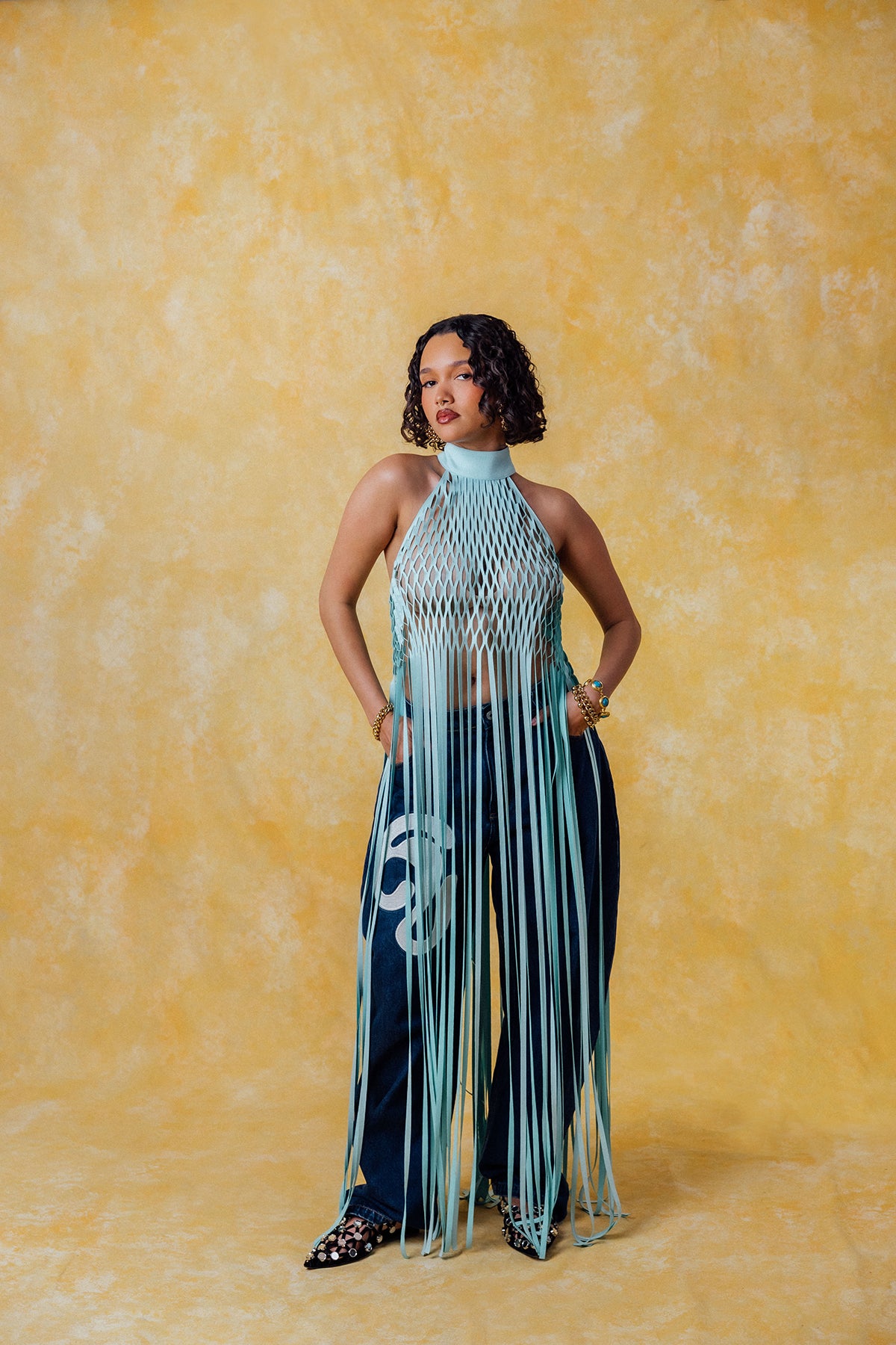 Yumi Faux Suede Laser Cut Top - Baby Blue