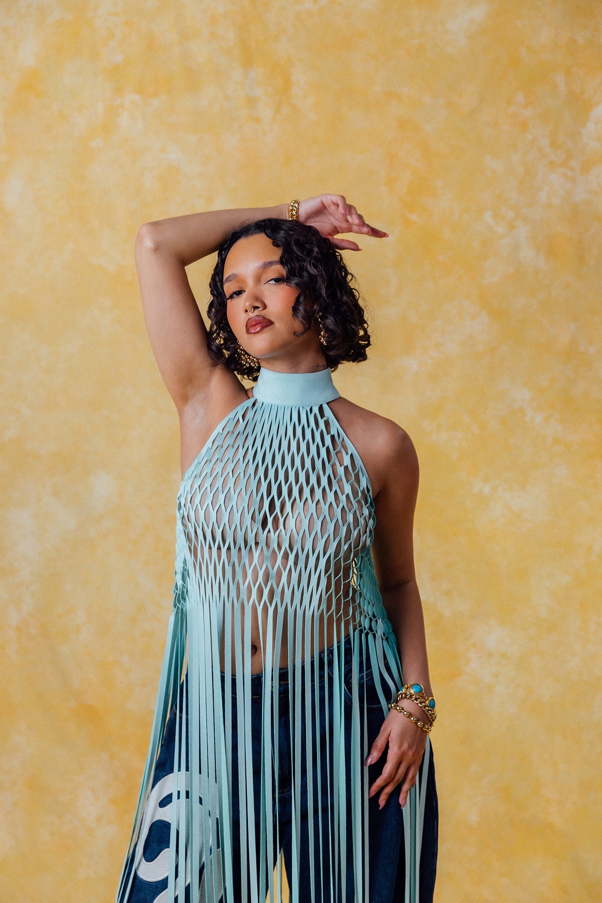 Yumi Faux Suede Laser Cut Top - Baby Blue