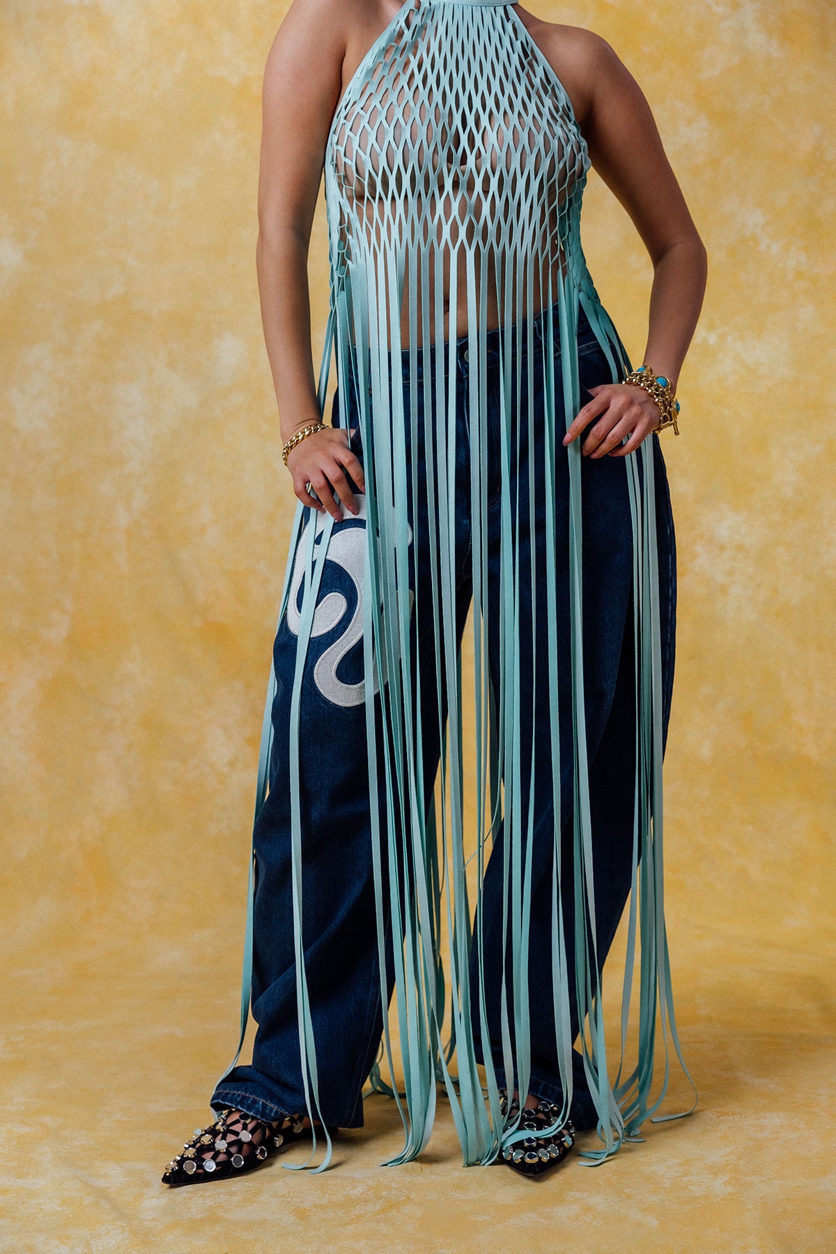 Yumi Faux Suede Laser Cut Top - Baby Blue