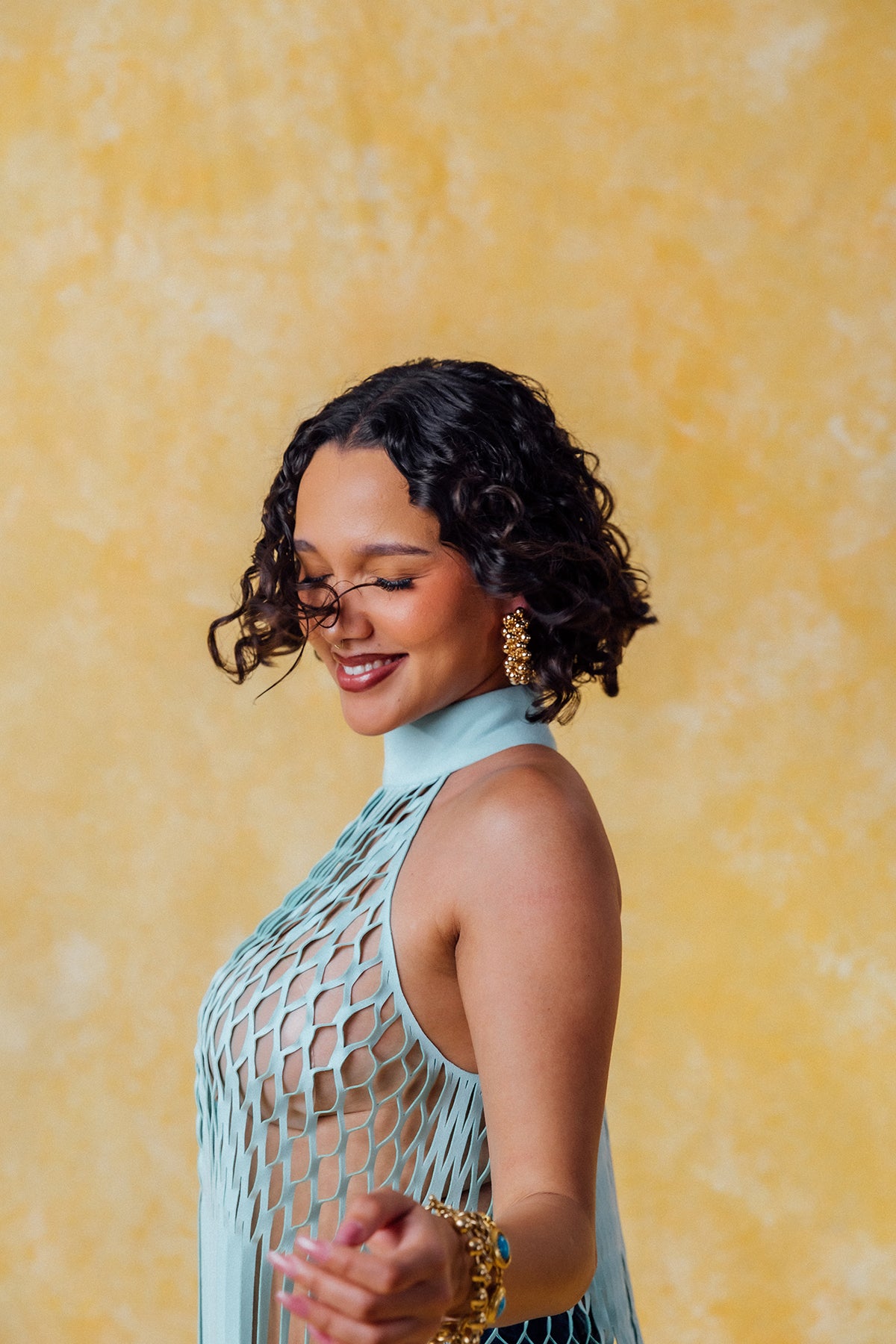 Yumi Faux Suede Laser Cut Top - Baby Blue