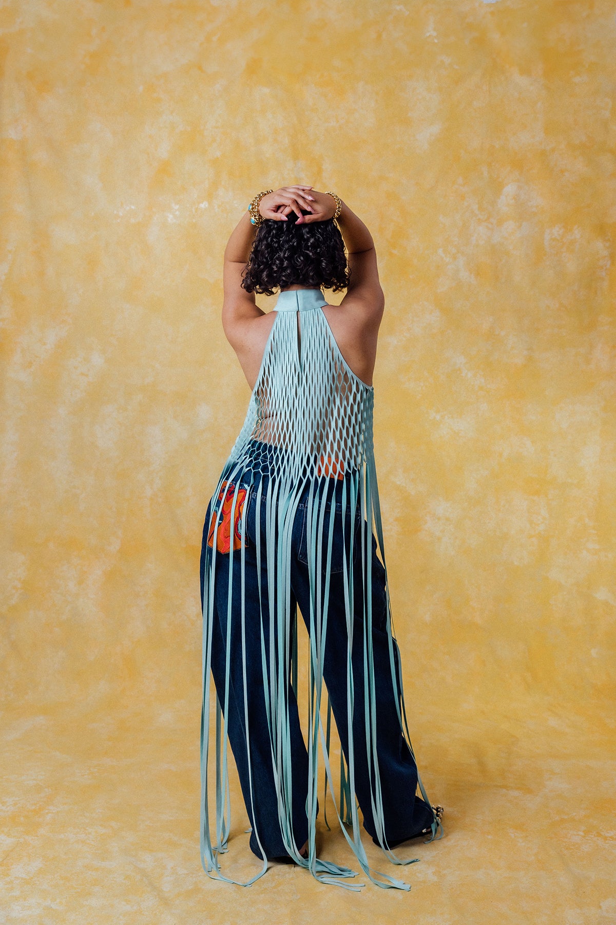 Yumi Faux Suede Laser Cut Top - Baby Blue