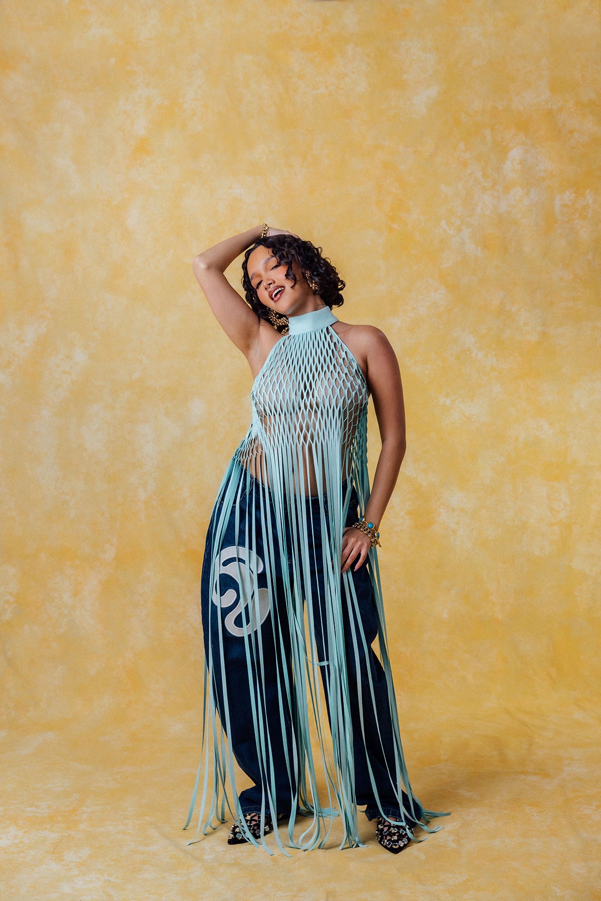 Yumi Faux Suede Laser Cut Top - Baby Blue