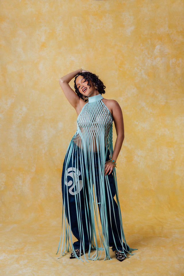 Yumi Faux Suede Laser Cut Top - Baby Blue