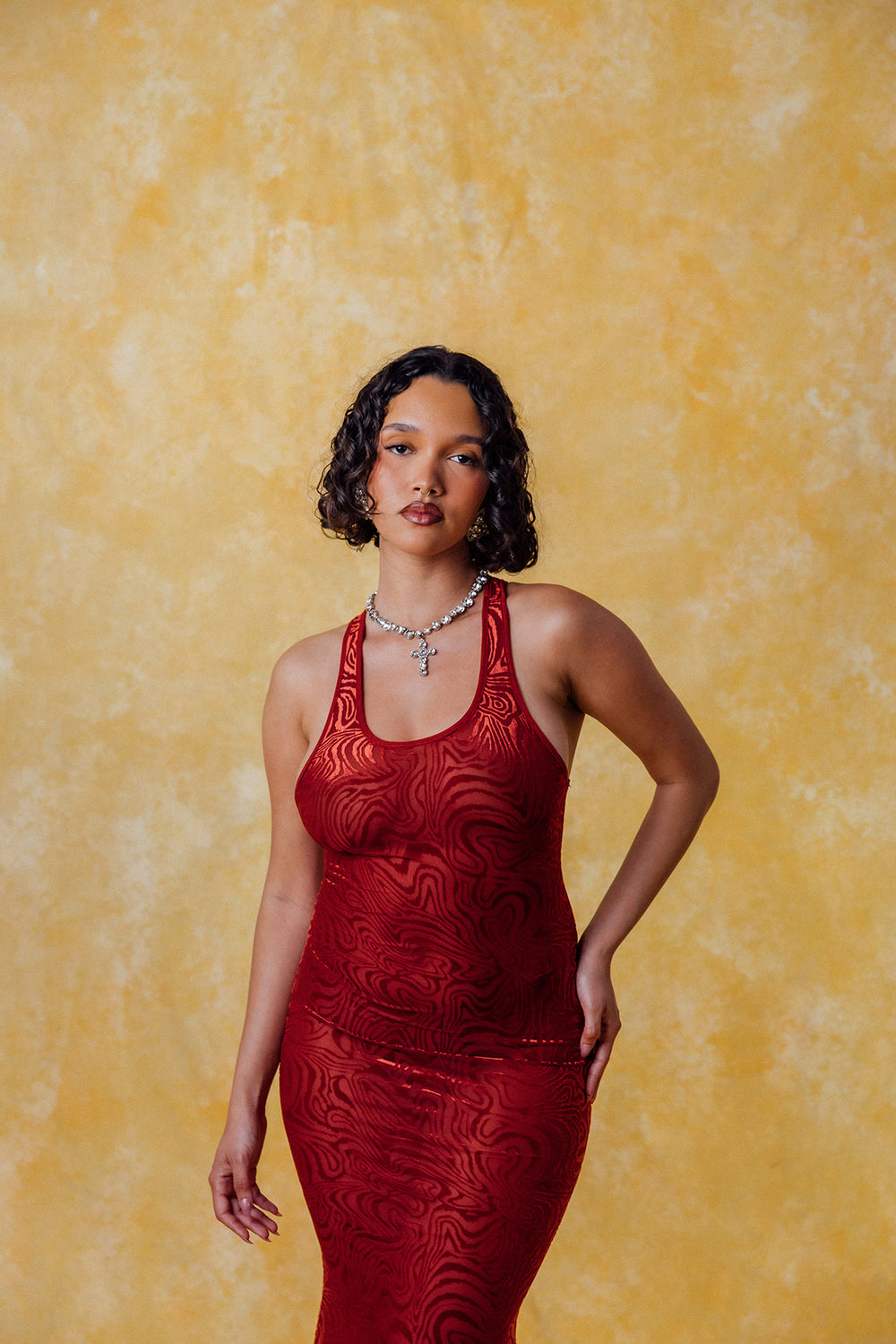 Siren Racerback Smoke Velvet Dress - Cherry