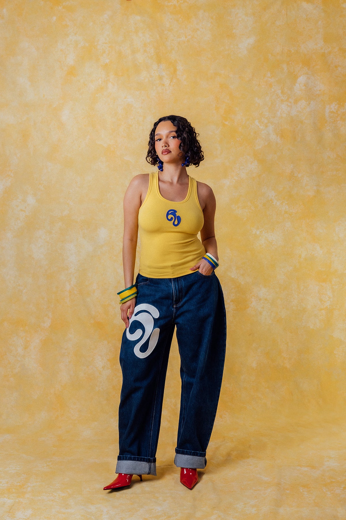 Nao Cotton Logo Embroidered Racer Back Vest Top - Yellow