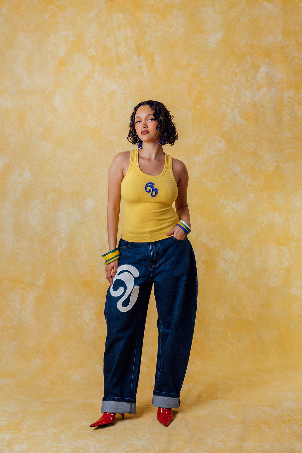 Nao Cotton Logo Embroidered Racer Back Vest Top - Yellow